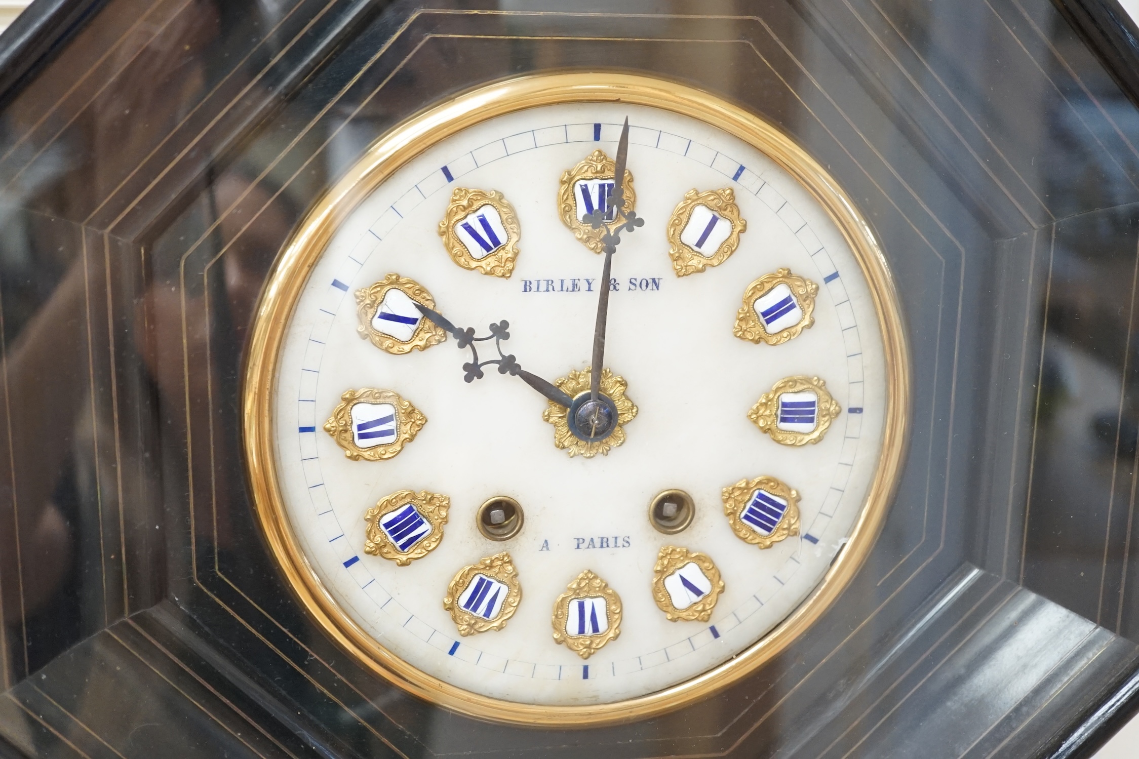 A 19th century French ebonised octagonal wall clock, Birley & Son Paris, 38cm high. Condition - fair, dial cracked
